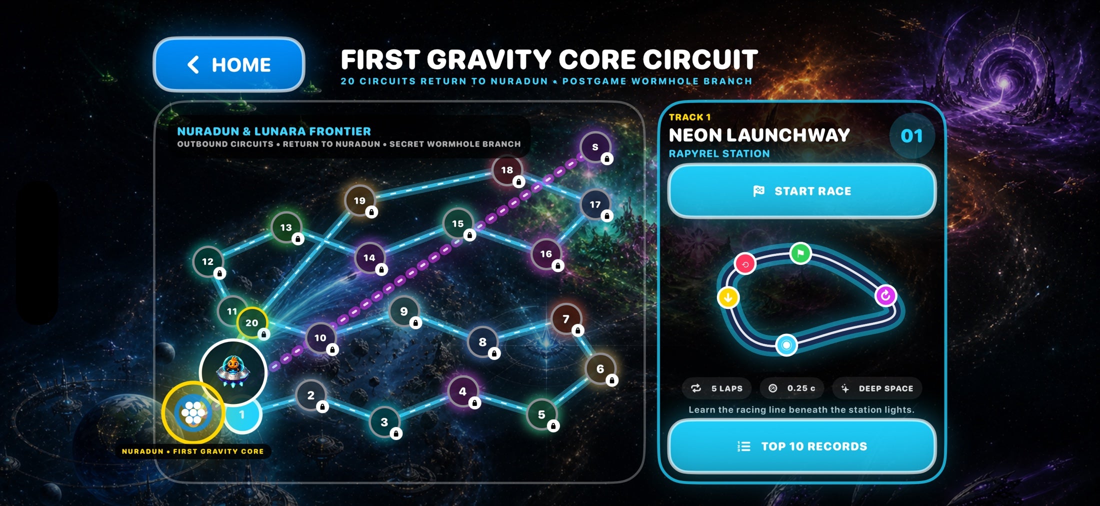 First Gravity Core Circuit map returning through the Nuradun and Lunara frontier