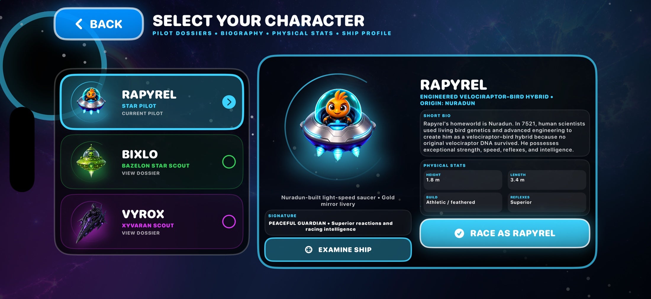 Racer selection showing Rapyrel, Bixlo, and Vyrox at the top of the nine-racer roster
