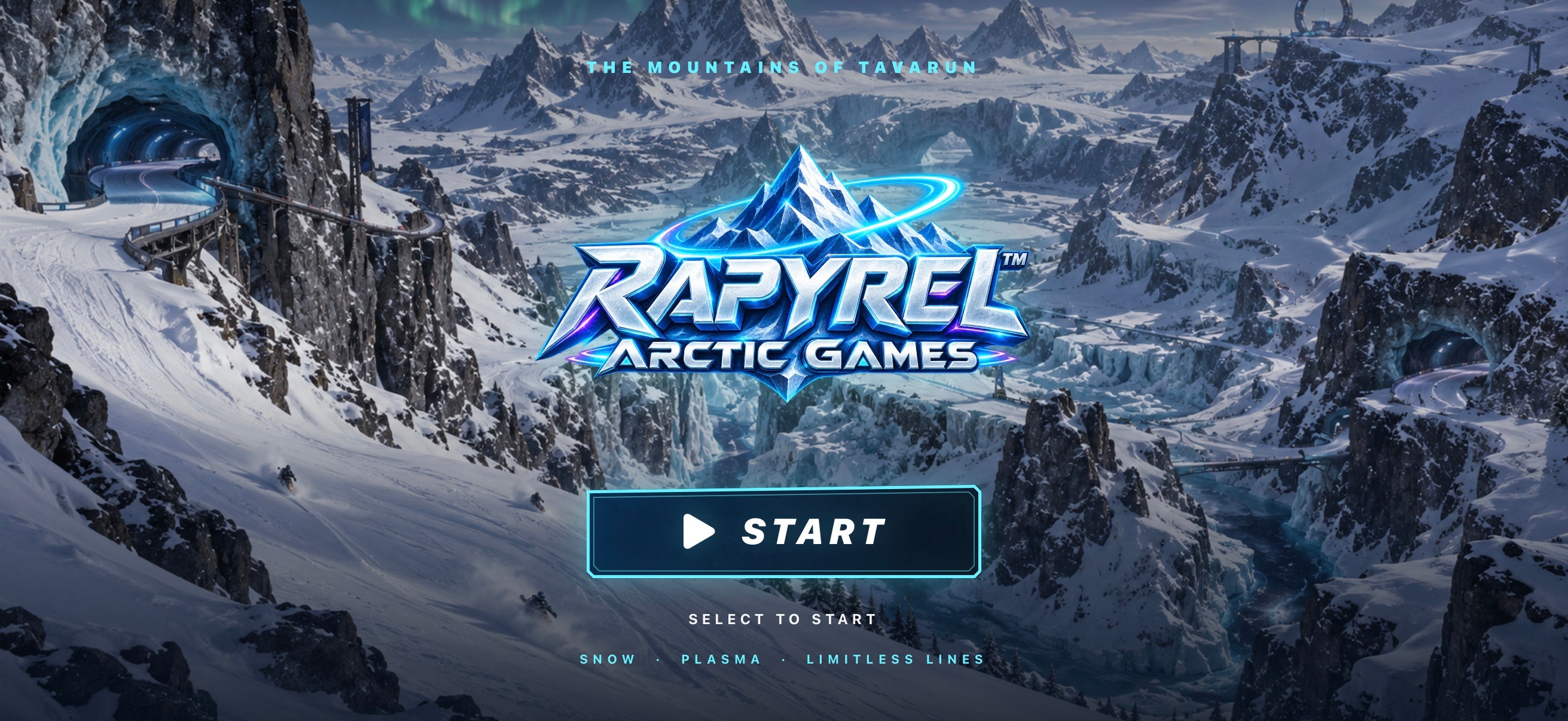 Rapyrel™ Arctic Games title screen overlooking the snowy mountains of Tavarun